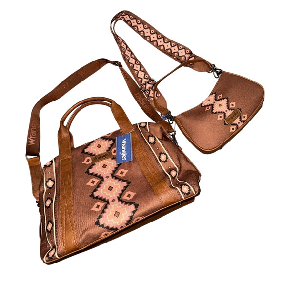 NEW Wrangler Brown Aztec Southwestern tapestry BAG SET WEEKEND DUFFLE & PURSE - Picture 1 of 15